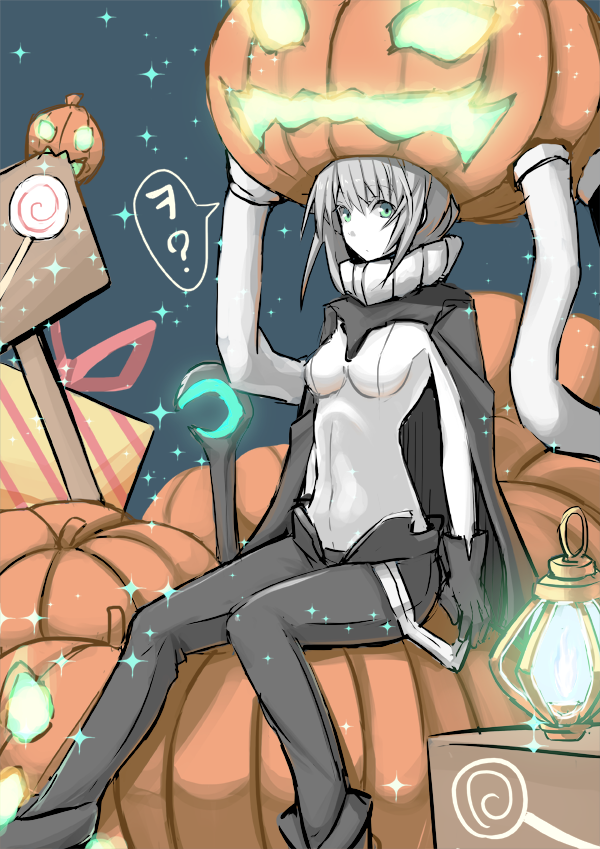 bad_id bad_pixiv_id bodysuit cane cape commentary_request gloves glowing glowing_eyes green_eyes halloween headgear jack-o'-lantern kantai_collection lantern long_hair nahu night night_sky pumpkin_hat shinkaisei-kan silver_hair sky star_(sky) starry_sky tentacles white_skin wo-class_aircraft_carrier