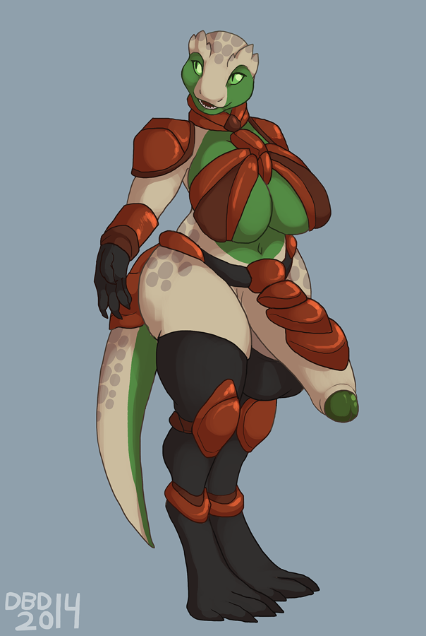 2015 anthro armor balls balls_outline beige_penis big_breasts biped breasts bulge cleavage clothed clothing countershade_face countershade_tail countershade_torso countershading dbd dickgirl digital_drawing_(artwork) digital_media_(artwork) digitigrade furgonomics gauntlets glans gloves gorget green_countershading green_eyes green_glans green_scales green_tail grey_background grey_scales grey_spots grey_tail half-erect huge_breasts humanoid_hands humanoid_penis intersex knee_pads legwear looking_aside looking_away multicolored_scales multicolored_tail navel no_sclera no_underwear non-mammal_breasts open_mouth open_smile pauldron penis reptile reverse_countershading scales scalie shadow sharp_teeth simple_background slightly_chubby slit_pupils smile solo spikes spots spotted_scales spotted_tail standing tail_armor tail_clothing tan_scales tan_tail teeth thick_thighs tights tuatara unconvincing_armor uncut wide_hips
