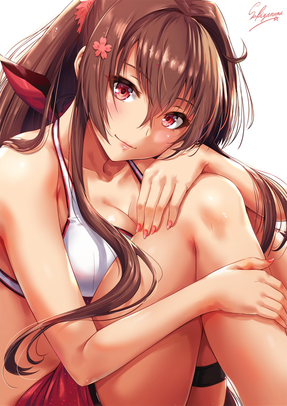 artist_name bikini blush breasts brown_hair cleavage closed_mouth collarbone flower hair_between_eyes hair_flower hair_intakes hair_ornament hand_on_own_knee highres kantai_collection knees_up large_breasts lips long_hair looking_at_viewer nail_polish purple_eyes red_nails sakiyamama sarong sidelocks simple_background smile solo swimsuit thigh_strap very_long_hair white_background white_bikini yamato_(kantai_collection)