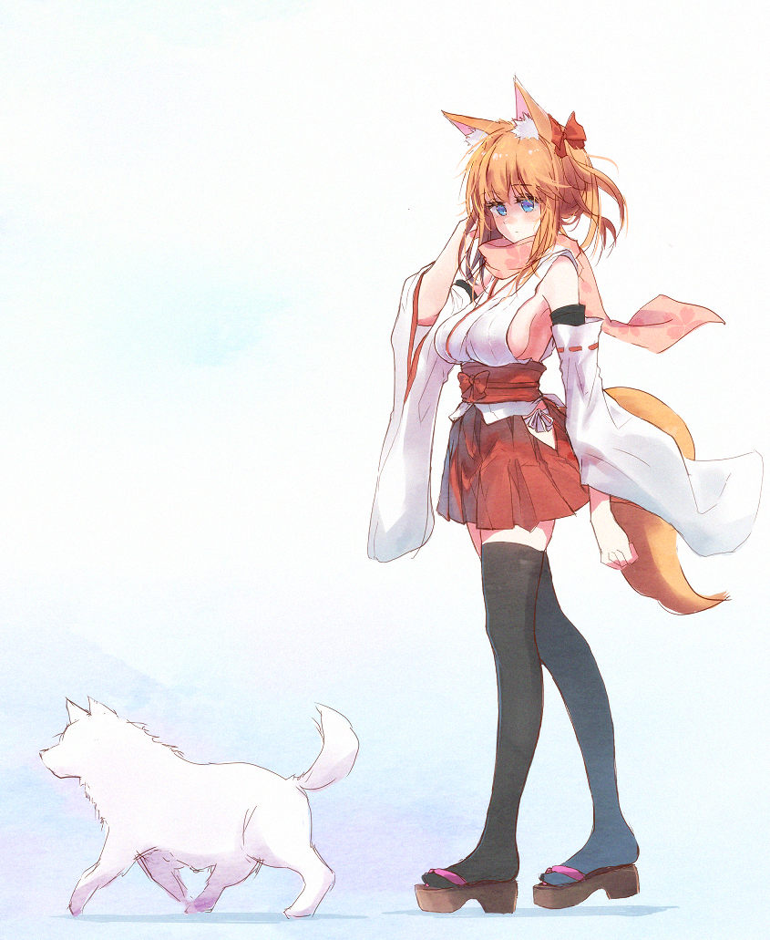 animal_ear_fluff animal_ears bangs bare_shoulders black_legwear blue_eyes blush bow bow_panties breasts closed_mouth commentary_request detached_sleeves dog dog_request eyebrows_visible_through_hair floral_print fox_ears fox_girl fox_tail hair_ribbon hip_vent japanese_clothes large_breasts long_hair long_sleeves looking_to_the_side obi one_side_up orange_hair original panties pink_scarf pleated_skirt red_ribbon red_skirt ribbon sandals sash sawaya_(mizukazu) scarf sideboob simple_background skirt solo_focus tabi tail thighhighs tied_hair underwear walking white_panties wide_sleeves