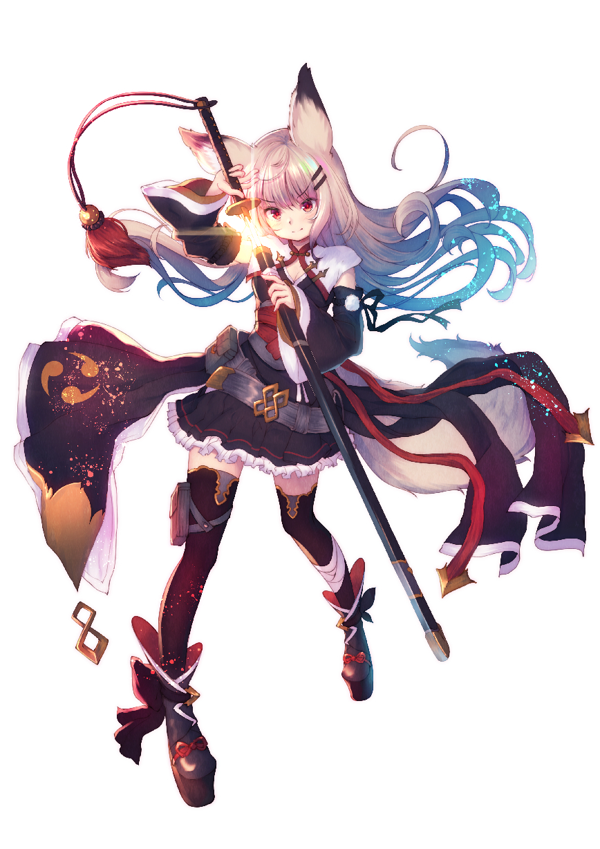 animal_ear_fluff animal_ears bangs belt black_footwear black_legwear blonde_hair blush boots breasts capelet cleavage commentary_request detached_sleeves drawing_sword eyebrows_visible_through_hair floating_hair fox_ears fox_girl fox_tail frilled_skirt frills full_body glint hair_between_eyes hair_ornament hairclip highres holding holding_sheath holding_sword holding_weapon katana light_particles long_hair long_sleeves looking_at_viewer medium_breasts misaki_yuu original sheath sidelocks simple_background skirt smile solo sword tail thigh_strap thighhighs very_long_hair weapon white_background wide_sleeves