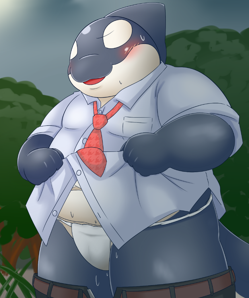 2018 anthro bake_gosut belly black_skin blush cetacean chubby_cheeks clothed clothing clothing_lift digital_media_(artwork) eyeless jockstrap male mammal marine navel necktie open_mouth orca outside overweight overweight_male pants pants_down partially_clothed shirt slightly_chubby smile solo sweat underwear whale white_skin でぶしゃち