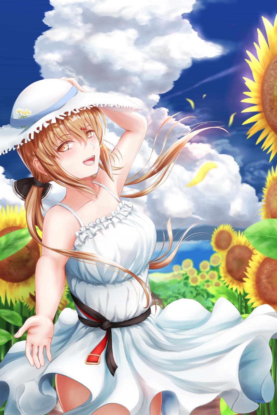 black_bow blue_sky blush bow breasts brown_eyes brown_hair cloud collarbone commentary_request day dress eyebrows_visible_through_hair field floating_hair flower flower_field hair_between_eyes hair_bow hair_ornament hairclip hand_on_headwear hat highres kantai_collection long_hair looking_at_viewer low_twintails medium_breasts open_mouth outdoors reaching_out sabakuomoto sky smile straw_hat sundress sunflower tashkent_(kantai_collection) twintails white_hat wind wind_lift