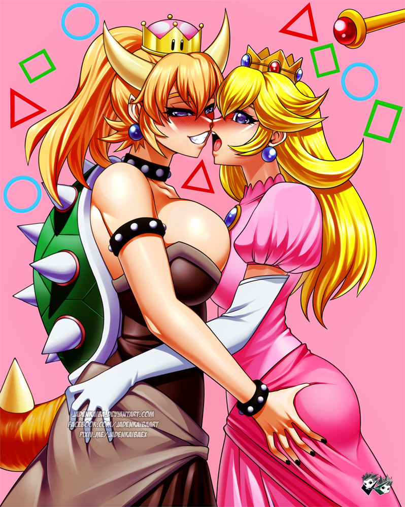 ass_grab asymmetrical_docking black_dress black_nails blonde_hair bowsette breast_press breasts brooch commission crown dress elbow_gloves eye_contact gloves horns jadenkaiba jewelry large_breasts long_hair looking_at_another mario_(series) mini_crown multiple_girls nail_polish new_super_mario_bros._u_deluxe open_mouth pink_background pink_dress pointy_ears princess_peach puffy_short_sleeves puffy_sleeves short_sleeves smile spiked_shell spiked_tail strapless strapless_dress studded_armlet studded_bracelet studded_choker super_crown super_mario_bros. tail teeth turtle_shell wand white_gloves yuri