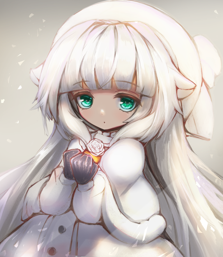 capelet clenched_hands flower gloves green_eyes hair_flaps hat long_hair looking_at_viewer md5_mismatch merry_milk merry_milk_no_mori rose snowing very_long_hair virtual_youtuber white_flower white_hair white_rose winter_clothes yk_ksdh4582