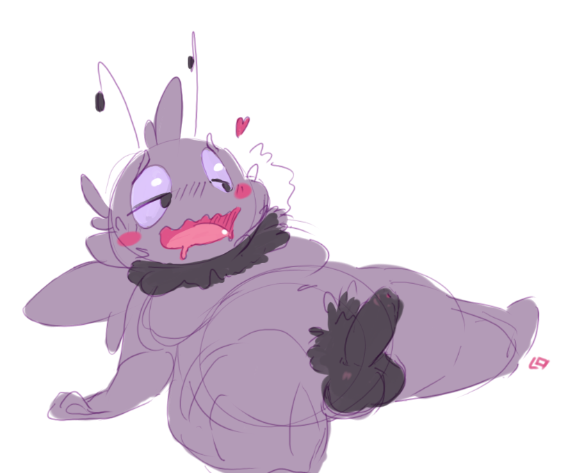 &lt;3 2018 antennae anthro arthropod balls blush digital_media_(artwork) erection fur half-closed_eyes insect lokpik lying male moobs navel on_back open_mouth overweight overweight_male penis purple_fur simple_background slightly_chubby solo tuft uncut white_background