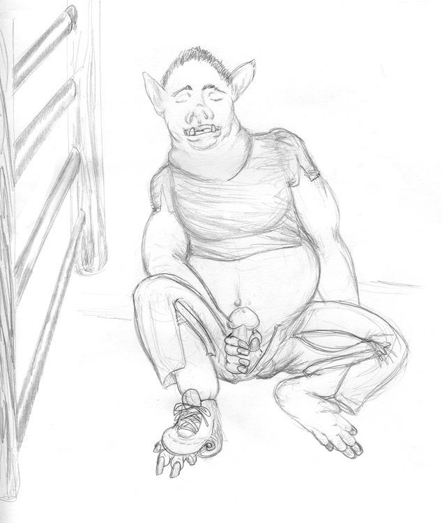 arania big_penis clothed clothing eyes_closed fangs feet footwear humanoid leaning male mammal masturbation open_mouth pain penis penis_grab pointy_ears porcine shoes sitting solo torn_clothing transformation