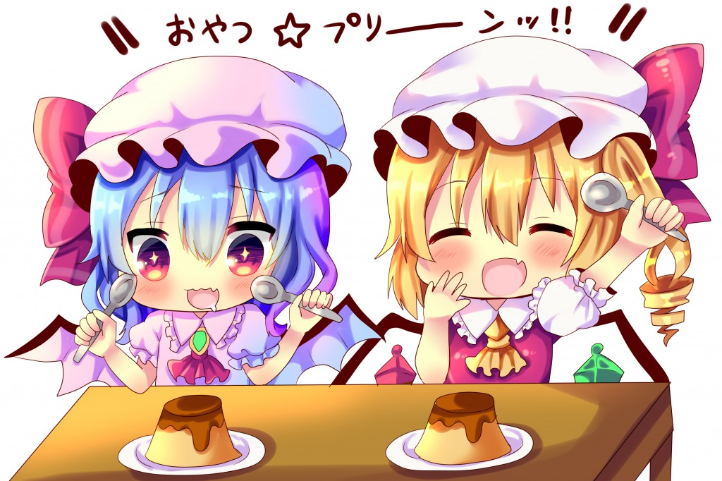 2girls arm_above_head arms_up bat_wings blonde_hair blouse blue_hair blush brooch chibi chocolat_(momoiro_piano) closed_eyes commentary_request cravat crystal drooling eyebrows_visible_through_hair fang flandre_scarlet food hair_between_eyes hand_on_own_cheek hat hat_ribbon holding holding_spoon jewelry mob_cap multiple_girls open_mouth pink_blouse plate pudding puffy_short_sleeves puffy_sleeves red_neckwear remilia_scarlet ribbon short_hair short_sleeves siblings side_ponytail simple_background sisters smile spoon table touhou translation_request upper_body white_background wings yellow_neckwear