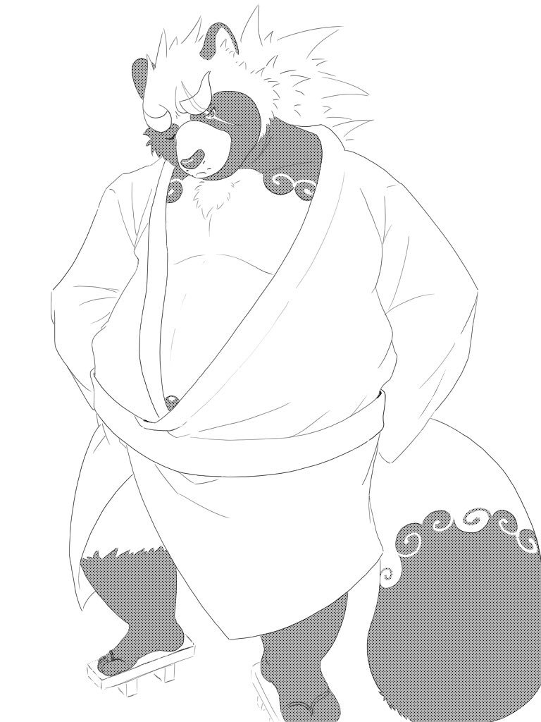 2018 anthro belly canine clothing gyobu jinku_56 male mammal overweight overweight_male robe scar simple_background solo tanuki tattoo tokyo_afterschool_summoners