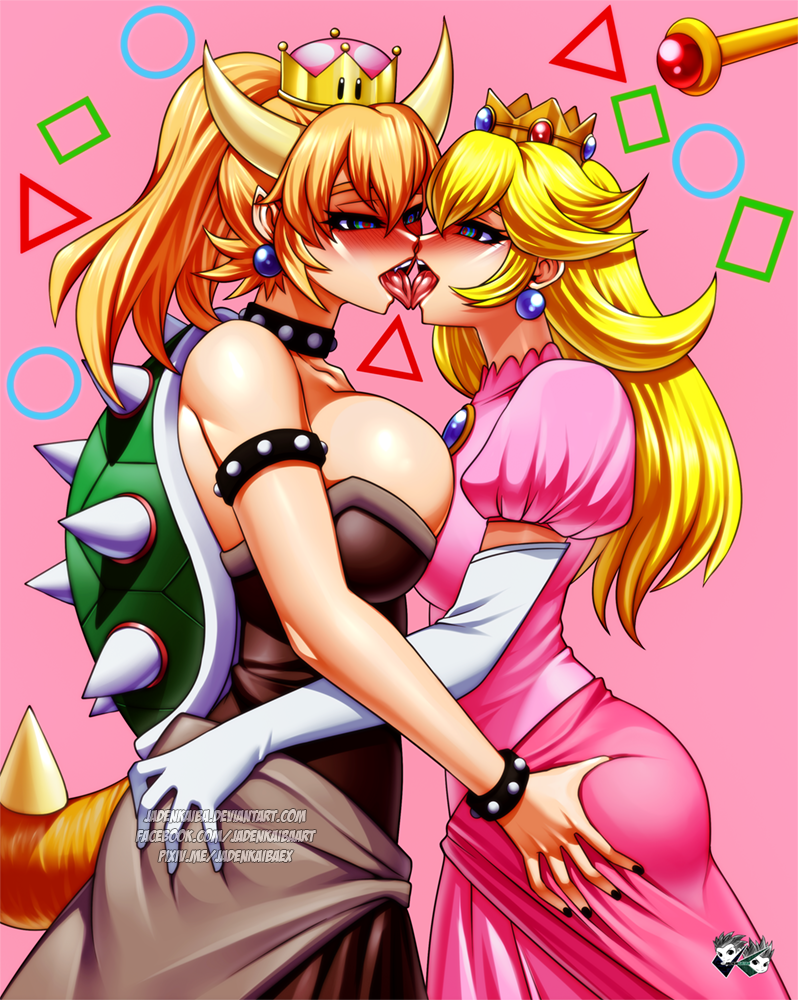 ass_grab asymmetrical_docking black_dress black_nails blonde_hair bowsette breast_press breasts brooch commission crown dress elbow_gloves eye_contact french_kiss gloves horns jadenkaiba jewelry kiss large_breasts long_hair looking_at_another mario_(series) mini_crown multiple_girls nail_polish new_super_mario_bros._u_deluxe pink_background pink_dress pointy_ears princess_peach puffy_short_sleeves puffy_sleeves short_sleeves spiked_shell spiked_tail strapless strapless_dress studded_armlet studded_bracelet studded_choker super_crown super_mario_bros. tail tongue tongue_out turtle_shell wand white_gloves yuri