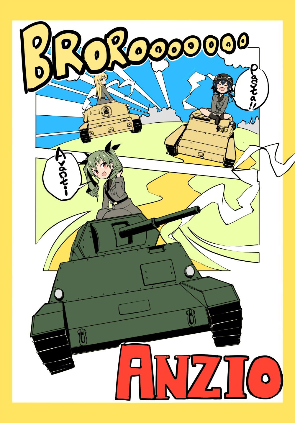 anchovy anzio_military_uniform arm_support bangs barashiya belt black_belt black_footwear black_hair black_neckwear black_ribbon black_shirt blonde_hair boots braid carpaccio carro_armato_p40 carro_veloce_cv-33 closed_eyes closed_mouth commentary dress_shirt drill_hair eyebrows_visible_through_hair girls_und_panzer goggles goggles_on_headwear green_eyes green_hair grey_jacket grey_pants grey_skirt ground_vehicle hair_ribbon hand_in_hair helmet highres indian_style italian jacket knee_boots long_hair long_sleeves looking_at_viewer military military_uniform military_vehicle motor_vehicle multiple_girls necktie open_mouth pants pepperoni_(girls_und_panzer) red_eyes ribbon sam_browne_belt semovente_75/18 shirt short_hair side_braid sitting skirt smile tank twin_drills twintails uniform v-shaped_eyebrows