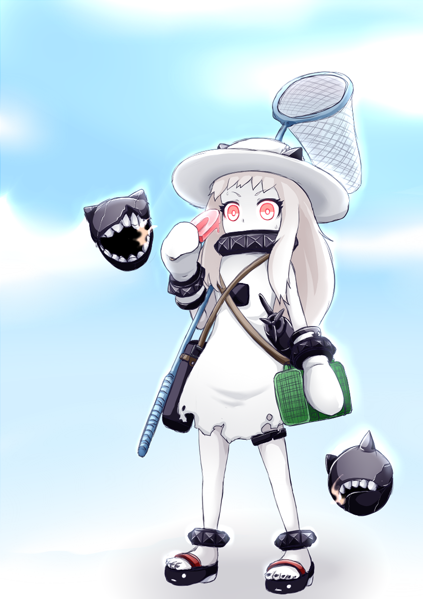 bag basket butterfly_net enemy_aircraft_(kantai_collection) food gloves hand_net hat highres horns kantai_collection northern_ocean_hime ogawa_shou pale_skin popsicle popsicle_stick red_eyes sandals shinkaisei-kan shirt straw_hat teeth torn_clothes torn_shirt toy white_hair white_skin