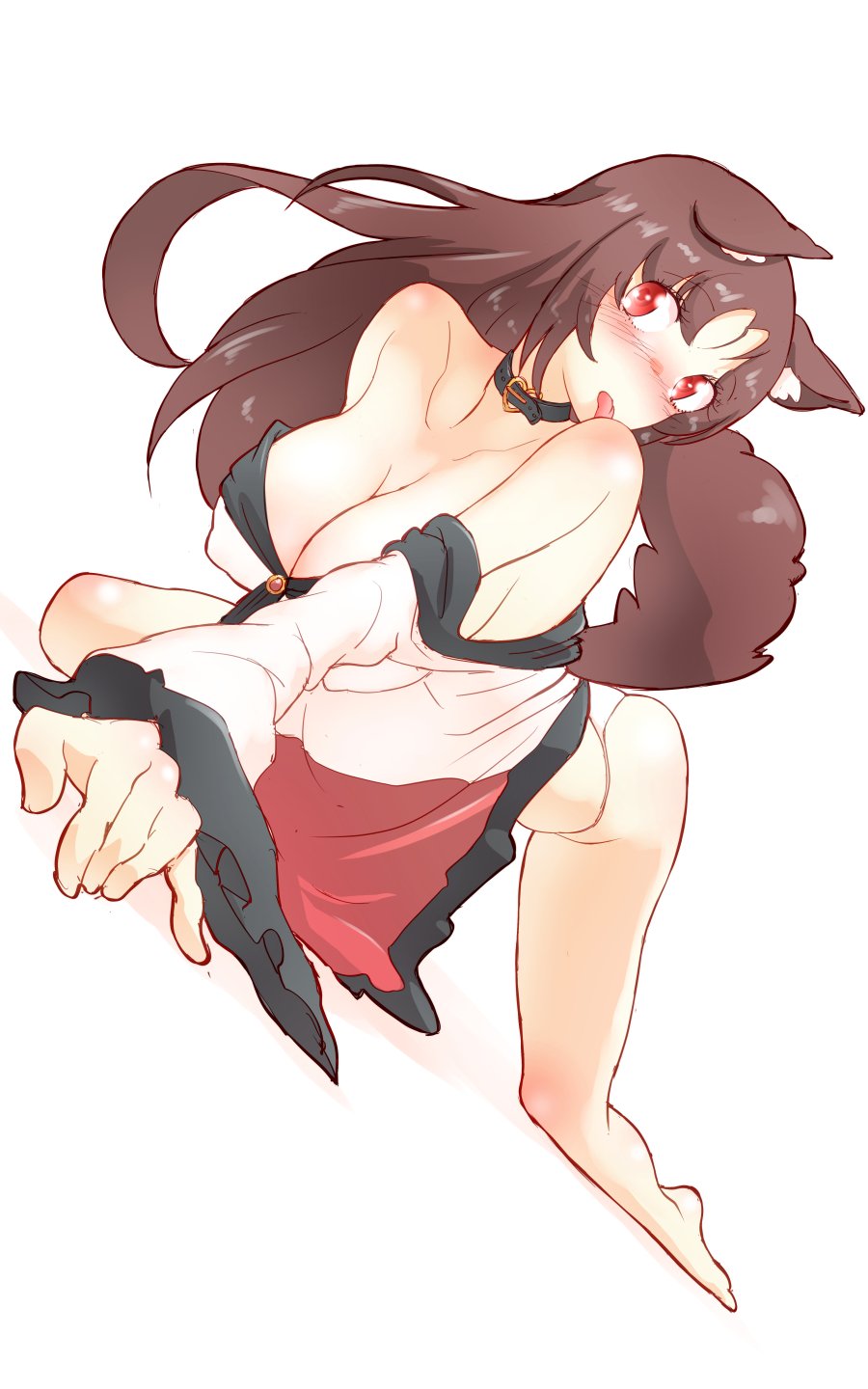 all_fours animal_ears bare_shoulders barefoot blush breasts brown_hair choker cleavage commentary_request covered_nipples detached_sleeves dress dress_lift eyebrows_visible_through_hair full_body hanging_breasts head_tilt highres huge_breasts imaizumi_kagerou licking_self licking_shoulder long_hair looking_to_the_side no_bra no_pants non_(z-art) panties red_eyes simple_background solo tail tongue tongue_out touhou underwear white_background white_panties wide_sleeves