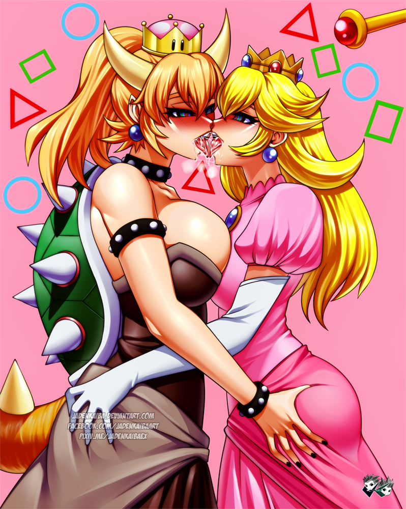 ass_grab asymmetrical_docking black_dress black_nails blonde_hair bowsette breast_press breasts brooch commentary_request commission crown dress elbow_gloves eye_contact french_kiss gloves horns jadenkaiba jewelry kiss large_breasts long_hair looking_at_another mario_(series) mini_crown multiple_girls nail_polish new_super_mario_bros._u_deluxe pink_background pink_dress pointy_ears princess_peach puffy_short_sleeves puffy_sleeves saliva short_sleeves spiked_shell spiked_tail strapless strapless_dress studded_armlet studded_bracelet studded_choker super_crown super_mario_bros. tail tongue tongue_out turtle_shell wand white_gloves yuri