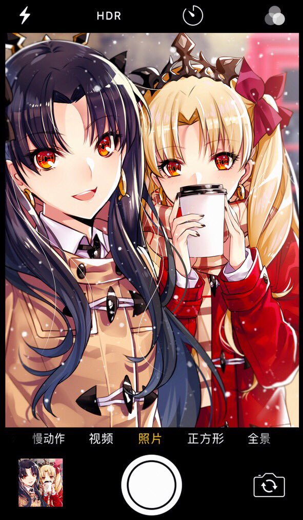 bangs beige_coat black_bow black_hair blonde_hair blush bow coat coffee_cup commentary_request cup disposable_cup duffel_coat earrings ereshkigal_(fate/grand_order) fate/grand_order fate_(series) hair_bow hoop_earrings ishtar_(fate/grand_order) jewelry long_hair looking_at_viewer multiple_girls open_mouth orange_eyes parted_bangs phone_screen red_bow red_coat scarf self_shot smile snowing tiara two_side_up yaoshi_jun