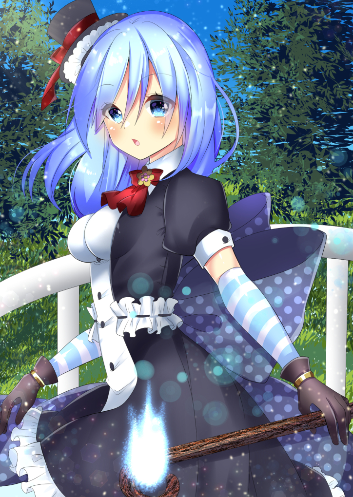 ascot bangs black_dress black_hat blue_eyes blue_hair blue_sky blush bow breasts brown_gloves commentary_request day detached_sleeves dress eyebrows_visible_through_hair gloves hair_between_eyes hat holding holding_staff looking_at_viewer looking_to_the_side medium_breasts mini_hat mini_top_hat misaki_(misaki86) original outdoors parted_lips puffy_short_sleeves puffy_sleeves railing red_bow red_neckwear short_sleeves sky solo spirit staff striped_sleeves tilted_headwear top_hat tree