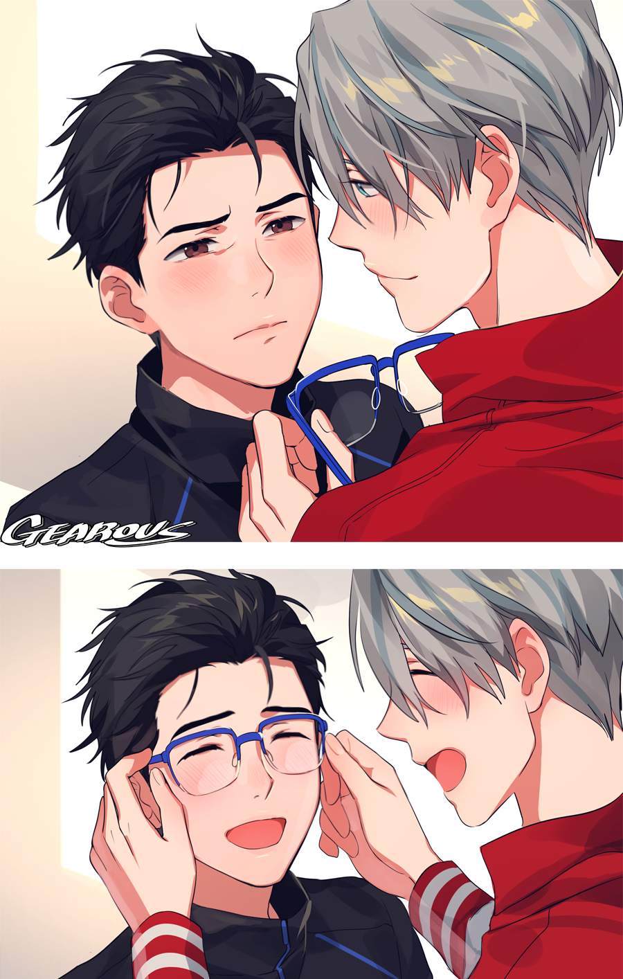 2koma :d ^_^ artist_name black_hair black_jacket blue-framed_eyewear blue_eyes blush brown_eyes close-up closed_eyes comic eyelashes eyewear_removed face fingernails frown gearous glasses grey_hair half-closed_eyes hands_on_another's_face happy height_difference highres holding holding_eyewear jacket katsuki_yuuri long_sleeves looking_at_another male_focus multiple_boys open_mouth profile red_jacket short_hair simple_background smile standing upper_body viktor_nikiforov white_background yuri!!!_on_ice