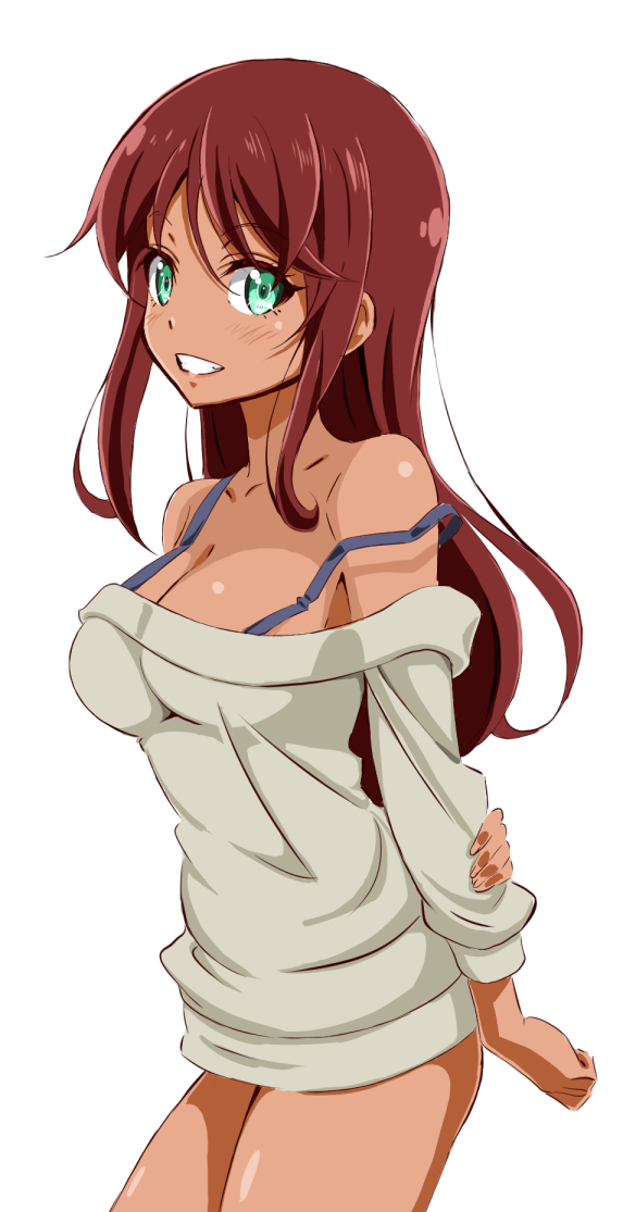 alice_gear_aegis arms_behind_back bangs bare_shoulders blush bottomless breasts brown_hair cleavage commentary cowboy_shot dark_skin green_eyes holding_arm kaneshiya_sitara large_breasts long_hair ngv3553 simple_background smile solo strap_slip sweater teeth white_background