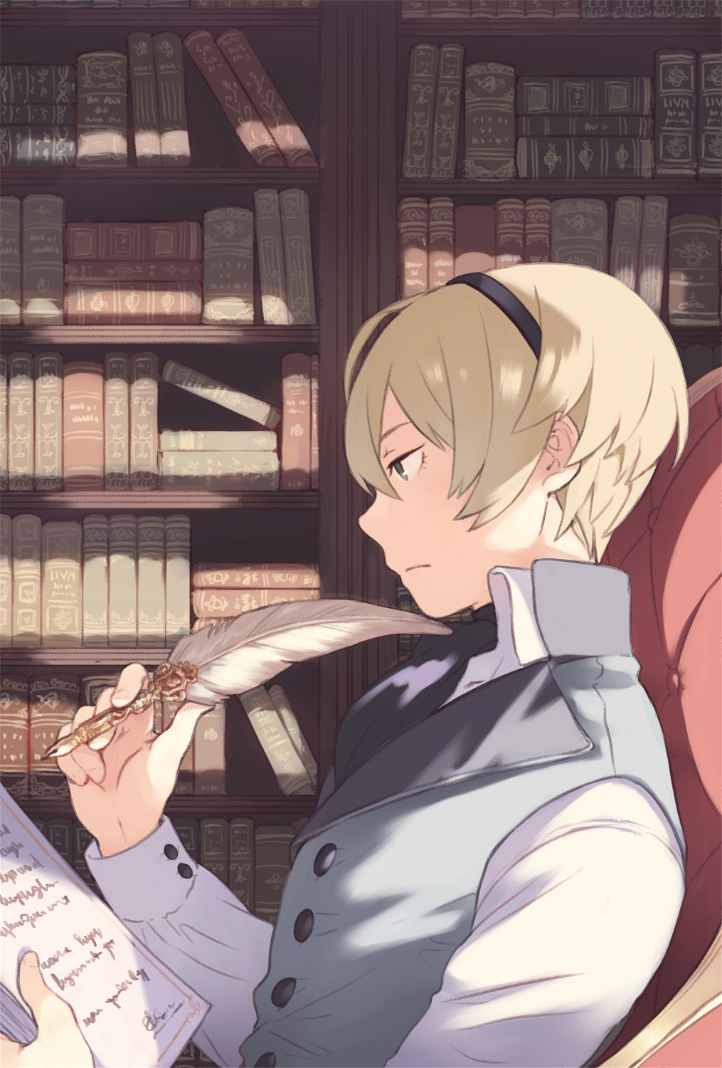 ai-wa black_eyes blonde_hair book bookshelf european_clothes fire_emblem fire_emblem_if highres holding holding_paper holding_quill leon_(fire_emblem_if) paper quill sitting solo thinking