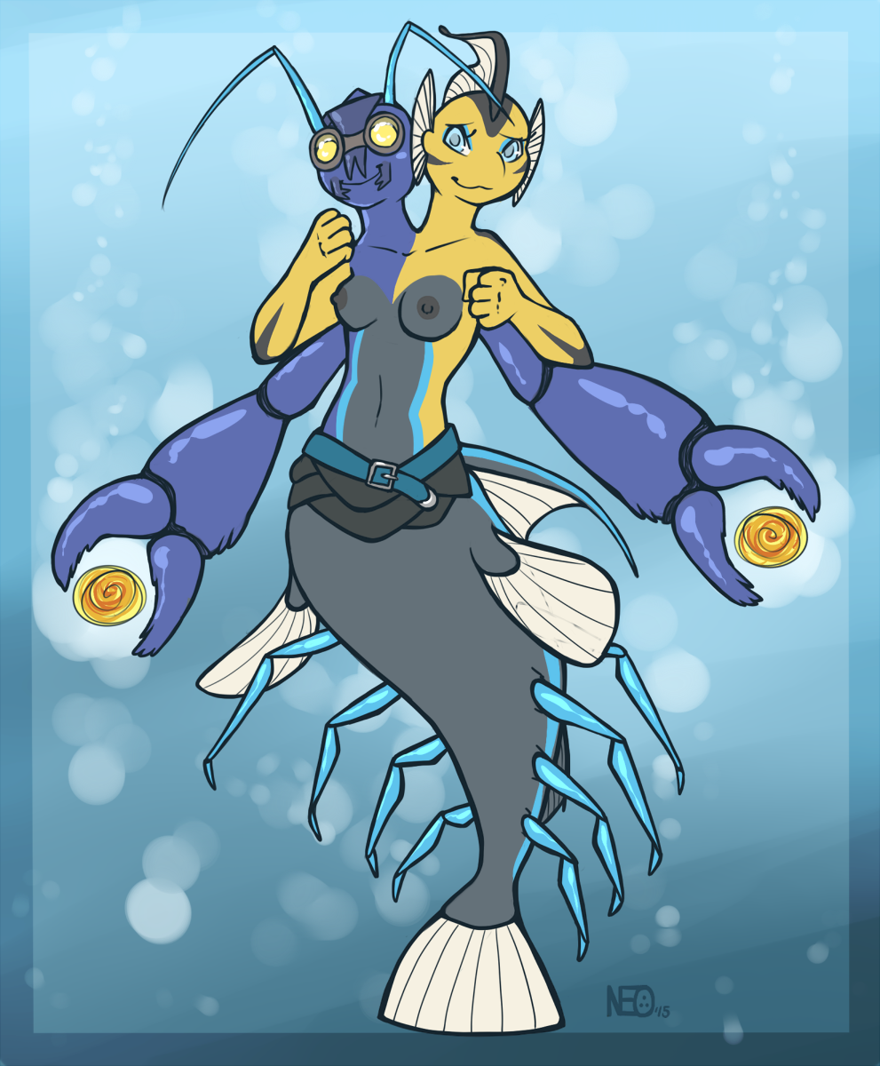 2015 2_heads 4_arms 5_fingers 8_legs antennae anthro arthropod belt blue_antennae blue_background blue_body blue_border blue_exoskeleton blue_eyes border breasts bubble chimerism claws collarbone compound_eyes conjoined cool_colors countershade_torso countershading crustacean crustacean_taur digital_drawing_(artwork) digital_media_(artwork) dorsal_fin ear_fins energy_ball eyelashes featureless_feet female fin fish fist front_view goby_fish grey_body grey_countershading grey_nipples grey_stripes head_fin humanoid_hands hybrid mandibles marine marine_taur medium_breasts merfolk mostly_nude multi_arm multi_head multi_leg multi_limb multicolored_body navel neoscottie nipples non-mammal_breasts outside_border pistol_shrimp shrimp shy simple_background smile solo spikes striped_body stripes suspended_in_midair swimming tail_fin taur underwater water yellow_body yellow_eyes