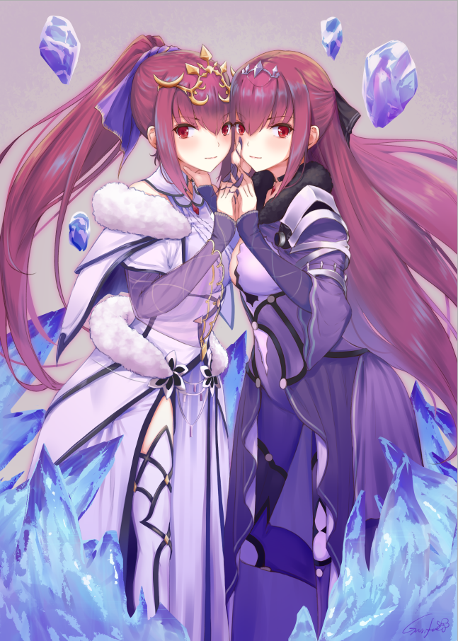 alternate_hairstyle bangs boots breasts crystal dress dual_persona fate/grand_order fate_(series) fur_trim grey_background gurifu hair_between_eyes hand_on_another's_face interlocked_fingers jewelry long_hair long_sleeves looking_at_viewer multiple_girls pink_dress ponytail purple_dress purple_hair red_eyes scathach_(fate)_(all) scathach_skadi_(fate/grand_order) smile thigh_boots thighhighs tiara