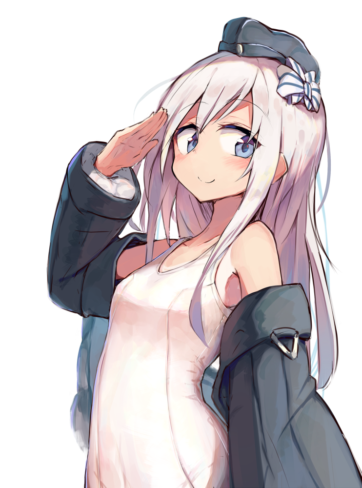 arm_up armpits bangs beize_(garbage) blue_eyes blush bow closed_mouth commentary eyebrows_visible_through_hair garrison_cap hair_between_eyes hair_bow hair_ornament hat jacket kantai_collection long_hair long_sleeves looking_at_viewer one-piece_swimsuit puffy_long_sleeves puffy_sleeves school_swimsuit simple_background smile solo standing swimsuit swimsuit_under_clothes tan tanline u-511_(kantai_collection) upper_body white_background white_hair white_school_swimsuit white_swimsuit
