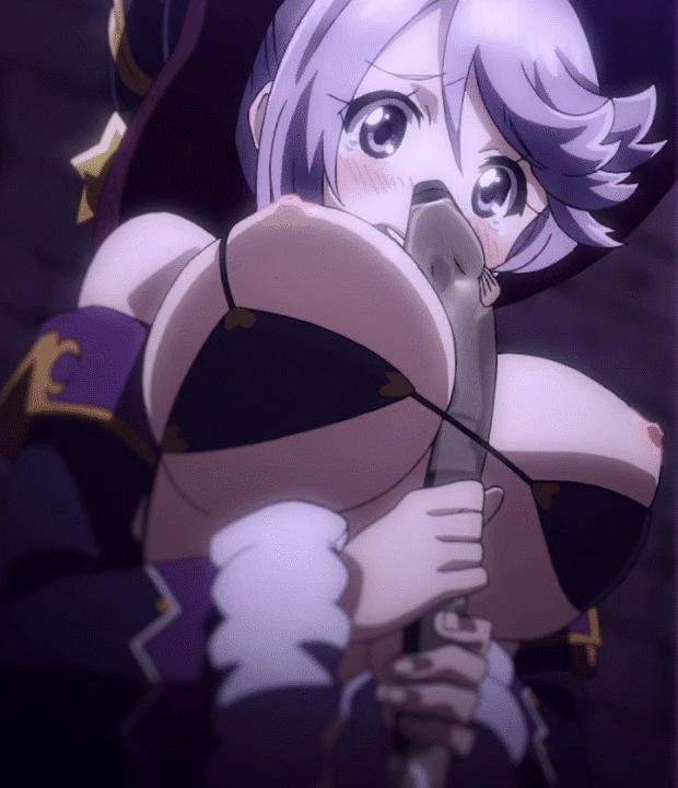 10s 1girl animal animal_between_breasts animated animated_gif areolae between_breasts bikini_warriors blush breasts breasts_outside eel female fish hat large_breasts looking_down mage_(bikini_warriors) nipples witch_hat
