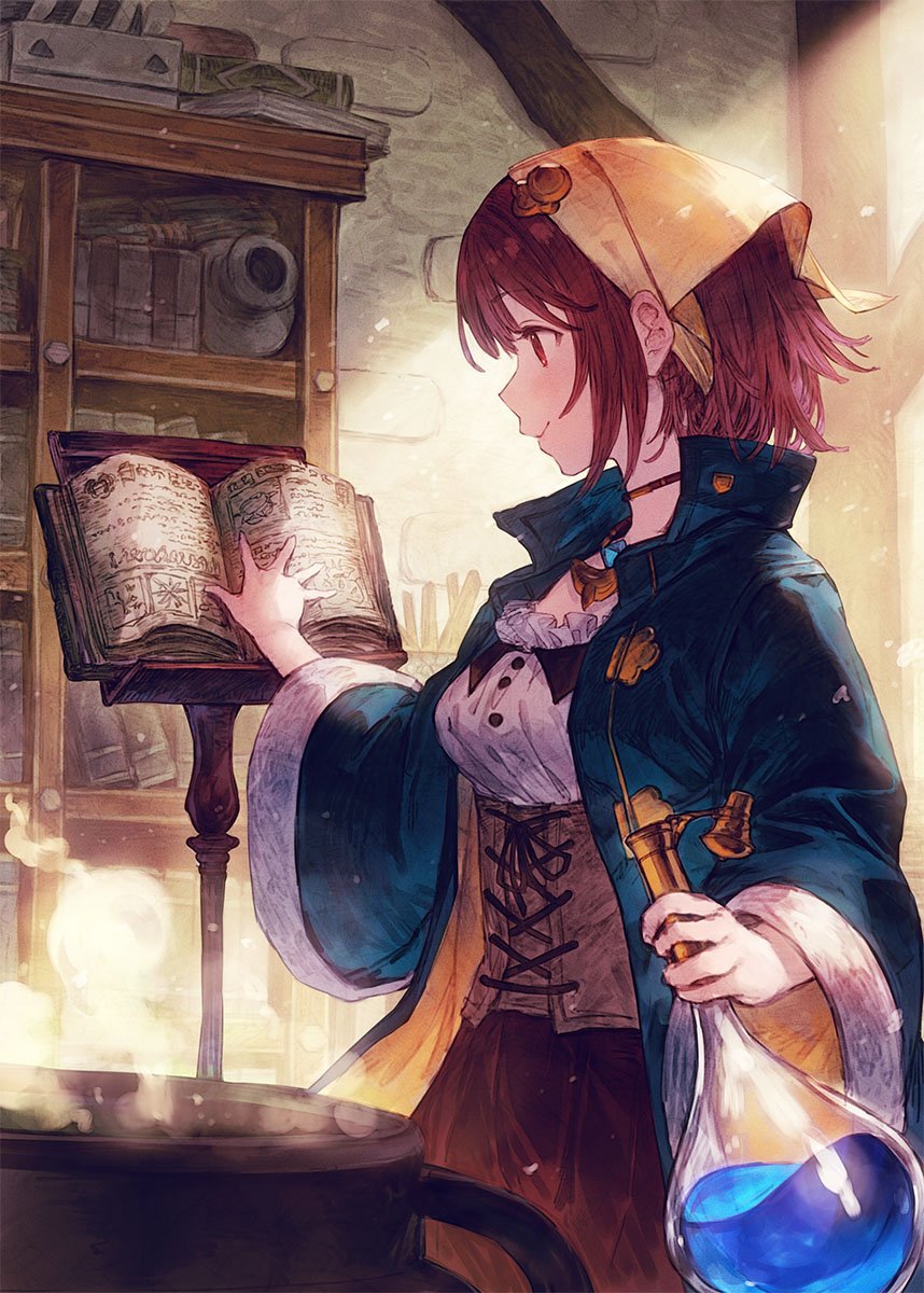 atelier_(series) atelier_sophie bangs benitama blue_coat blush boiling book book_stand bookshelf breasts brown_hair brown_skirt cauldron closed_mouth commentary corset flask frilled_shirt_collar frills hair_ornament head_scarf high_collar highres holding holding_flask indoors jewelry liquid long_sleeves looking_away looking_to_the_side necklace open_book profile reading red_eyes red_hair round-bottom_flask shirt short_hair skirt small_breasts smile solo sophie_neuenmuller standing underbust white_shirt wide_sleeves