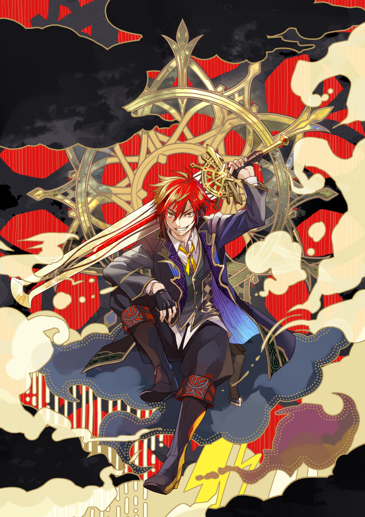 black black_cloud black_footwear black_jacket black_pants boots brown_eyes cloud colornix commentary_request fantasy fingerless_gloves full_body gloves grin jacket looking_at_viewer original pants red_background red_hair shirt sitting smile sword untucked_shirt vest weapon