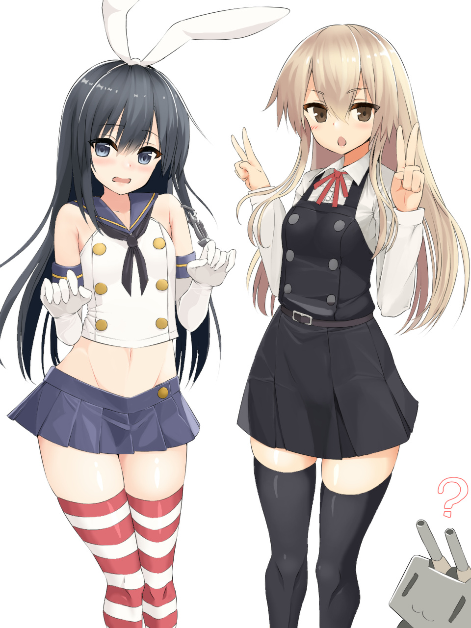 :3 ? alternate_costume anchor anchor_hair_ornament asashio_(kantai_collection) asashio_(kantai_collection)_(cosplay) black_hair black_legwear blonde_hair blue_eyes blue_skirt blush breasts buttons cannon cosplay costume_switch crop_top double_v dress elbow_gloves embarrassed eyebrows_visible_through_hair flat_chest gloves grey_eyes groin hair_between_eyes hair_ornament hairband highres kantai_collection kuronaga lifebuoy long_hair long_sleeves microskirt midriff miniskirt multiple_girls navel neck_ribbon open_mouth pinafore_dress pleated_skirt red_ribbon remodel_(kantai_collection) rensouhou-chan ribbon sailor_collar school_uniform serafuku shimakaze_(kantai_collection) shimakaze_(kantai_collection)_(cosplay) shirt simple_background skirt small_breasts striped striped_legwear thighhighs turret v white_background white_gloves white_shirt