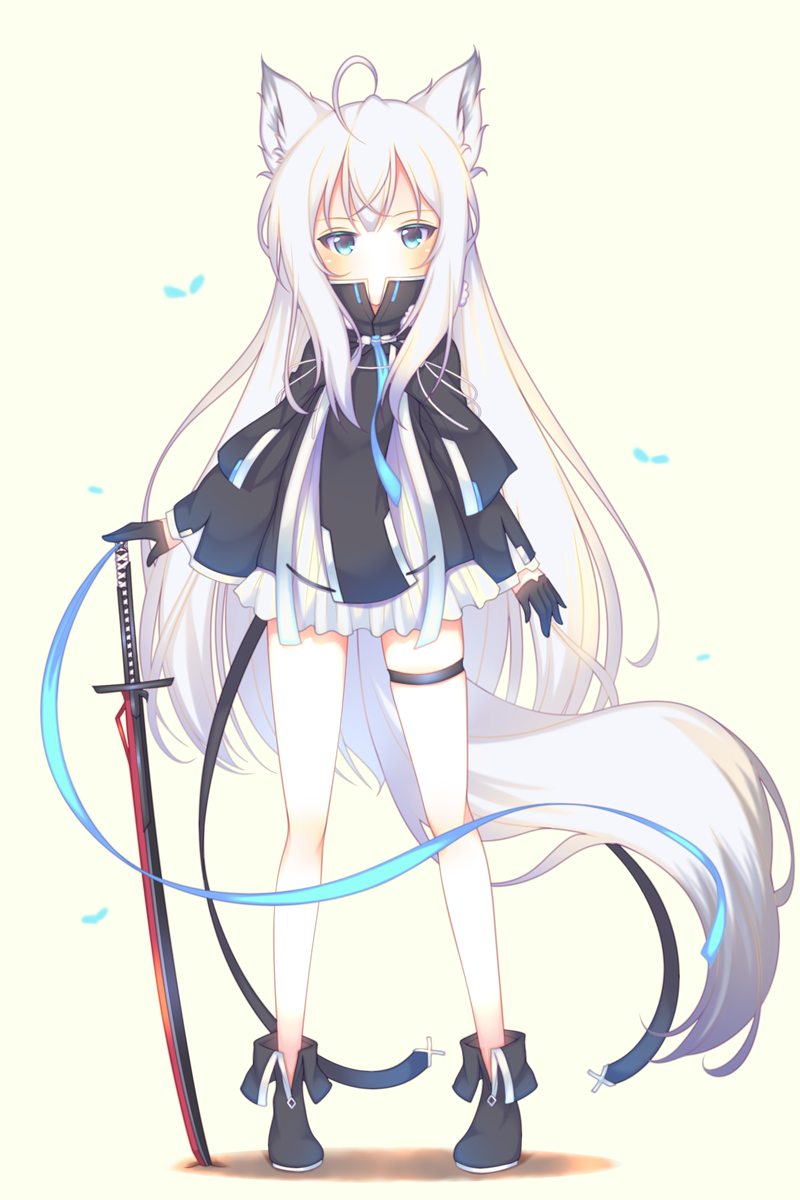 ahoge animal_ear_fluff animal_ears azur_lane bangs beige_background black_dress black_footwear black_gloves blue_eyes blue_neckwear blush boots commentary_request covered_mouth dress eyebrows_visible_through_hair fox_ears fox_girl fox_tail full_body gloves hair_between_eyes half_gloves hand_on_hilt highres kawakaze_(azur_lane) long_hair long_legs looking_at_viewer necktie pigeon-toed planted_sword planted_weapon sakurato_ototo_shizuku short_dress silver_hair solo standing sword tail thigh_strap very_long_hair weapon