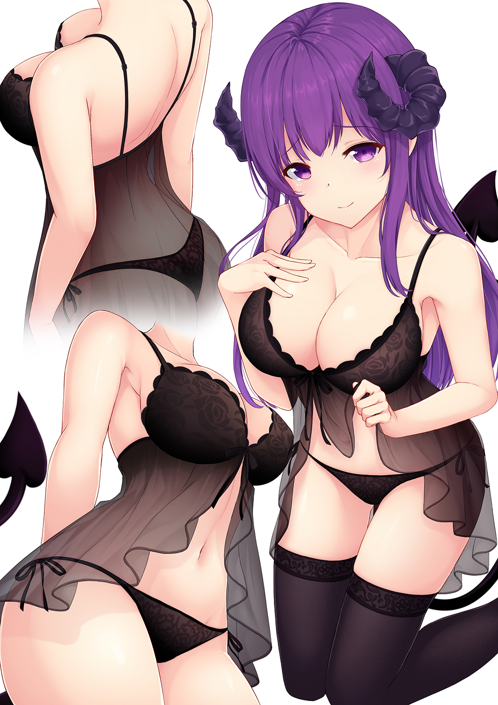 armpits arms_at_sides ass babydoll bangs bare_arms bare_shoulders black_legwear black_panties black_ribbon blush breasts cleavage closed_mouth collarbone cropped_legs demon_girl demon_horns demon_tail downblouse eyebrows_visible_through_hair floral_print hand_on_own_chest head_tilt hicha_nomu highres horns kneeling large_breasts long_hair looking_at_viewer multiple_views original panties print_panties purple_eyes purple_hair ribbon rose_print see-through shoulder_blades side-tie_panties sidelocks simple_background smile straight_hair tail thighhighs underwear underwear_only white_background