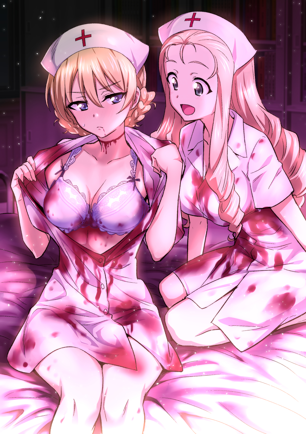 &gt;:( :d aqua_eyes bangs blood bloody_clothes blue_eyes blush bookshelf bra braid breasts cleavage closed_mouth collarbone commentary_request darjeeling drill_hair dust_particles forehead girls_und_panzer hair_between_eyes hat head_tilt highres indoors kneeling light lingerie long_hair looking_at_breasts looking_at_viewer marie_(girls_und_panzer) medium_breasts multiple_girls nakahira_guy nose_blush nurse nurse_cap open_mouth shiny shiny_hair short_hair short_sleeves sitting smile sweat tied_hair underwear undressing very_long_hair white_bra
