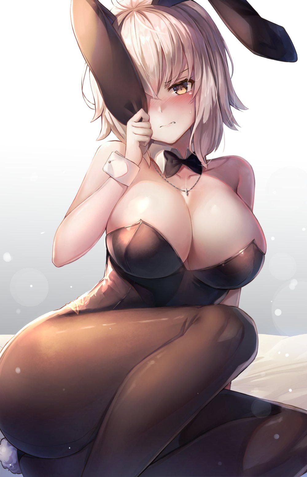 animal_ears arm_support ass bangs bare_shoulders bed_sheet black_leotard black_neckwear blush bowtie_removed breasts brown_eyes brown_legwear bunny_ears bunny_girl bunny_tail bunnysuit cleavage clenched_teeth collarbone commentary_request covering_one_eye curvy detached_collar ear_tug eyebrows_visible_through_hair fate/grand_order fate_(series) feet_out_of_frame glint head_tilt highres jeanne_d'arc_(alter)_(fate) jeanne_d'arc_(fate)_(all) jewelry large_breasts leotard looking_at_viewer motokonut necklace nose_blush one_eye_closed pantyhose pendant reclining short_hair sidelocks silver_hair skindentation solo strapless strapless_leotard sweat tail teeth white_collar wing_collar wrist_cuffs