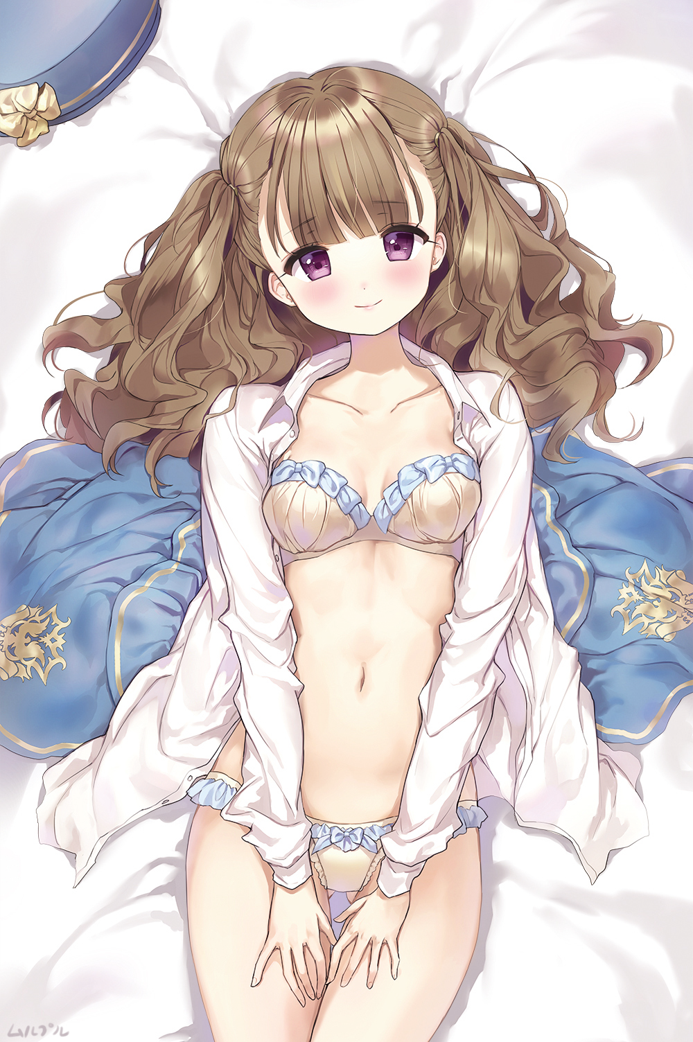 ass_visible_through_thighs bangs bed_sheet beret blue_hat blush bow bow_bra bow_panties bra breasts brown_bra brown_hair brown_panties closed_mouth collarbone collared_shirt cowboy_shot dakimakura dress_shirt eyebrows_visible_through_hair frilled_bow frilled_panties frills hat hat_removed head_tilt headwear_removed highres long_hair long_sleeves lying mullpull navel on_back open_clothes open_shirt original panties purple_eyes shirt small_breasts smile solo underwear white_shirt