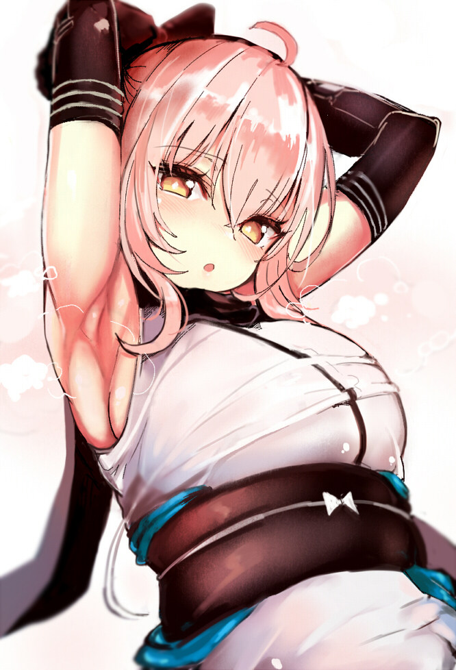 ahoge armpits arms_up black_gloves blush elbow_gloves fafas68 fate/grand_order fate_(series) gloves looking_at_viewer no_nose obi okita_souji_(fate) okita_souji_(fate)_(all) pink_hair sash short_hair simple_background solo upper_body white_background yellow_eyes