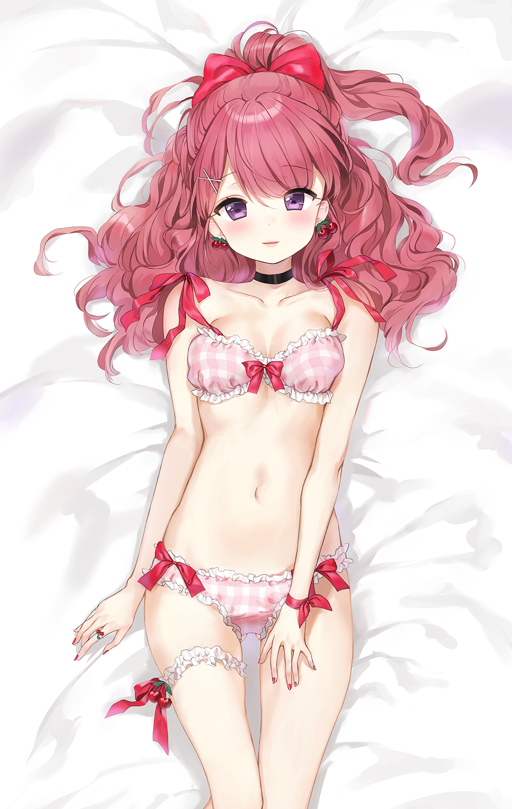 bangs bare_arms bare_shoulders bed black_choker bow bow_bra bow_panties bra breasts cherry_earrings choker collarbone dakimakura earrings eyebrows_visible_through_hair fingernails food_themed_earrings frilled_bra frilled_panties frills hair_between_eyes hair_bow hair_ornament hairclip head_tilt high_ponytail highres jewelry leg_garter looking_at_viewer lying mullpull nail_polish navel on_back original panties parted_lips pink_bra pink_panties plaid plaid_bra plaid_panties ponytail purple_eyes red_bow red_hair red_nails small_breasts smile solo underwear underwear_only x_hair_ornament