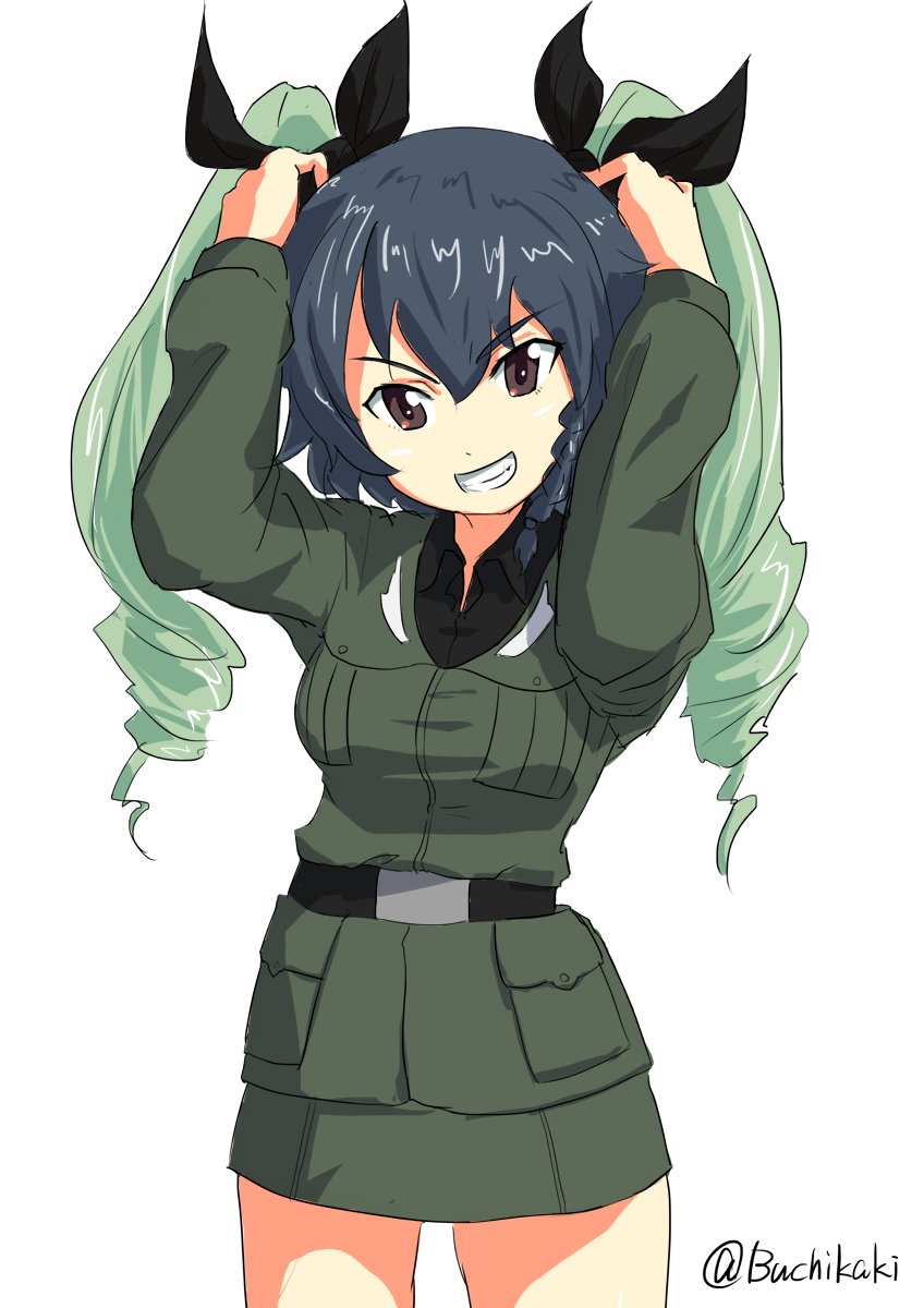 anchovy anchovy_(cosplay) anzio_military_uniform arms_up bangs belt black_belt black_hair black_ribbon black_shirt braid brown_eyes buchikaki commentary_request cosplay cowboy_shot dress_shirt drill_hair girls_und_panzer grey_jacket grey_skirt grin hair_ribbon hands_on_own_head head_tilt highres holding jacket long_sleeves looking_at_viewer military military_uniform miniskirt partial_commentary pencil_skirt pepperoni_(girls_und_panzer) ribbon shirt short_hair side_braid simple_background skirt smile solo standing twin_drills twintails twitter_username uniform v-shaped_eyebrows white_background wig