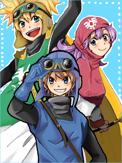 aqua_background bodysuit breasts cape closed_mouth commentary_request curly_hair dragon_quest dragon_quest_ii dress fantasy gloves goggles goggles_on_head goggles_on_headwear hat hood hood_up karin_(karin85) long_hair looking_at_viewer multiple_boys open_mouth outside_border prince_of_lorasia prince_of_samantoria princess princess_of_moonbrook purple_eyes purple_hair smile spiked_hair staff sword weapon