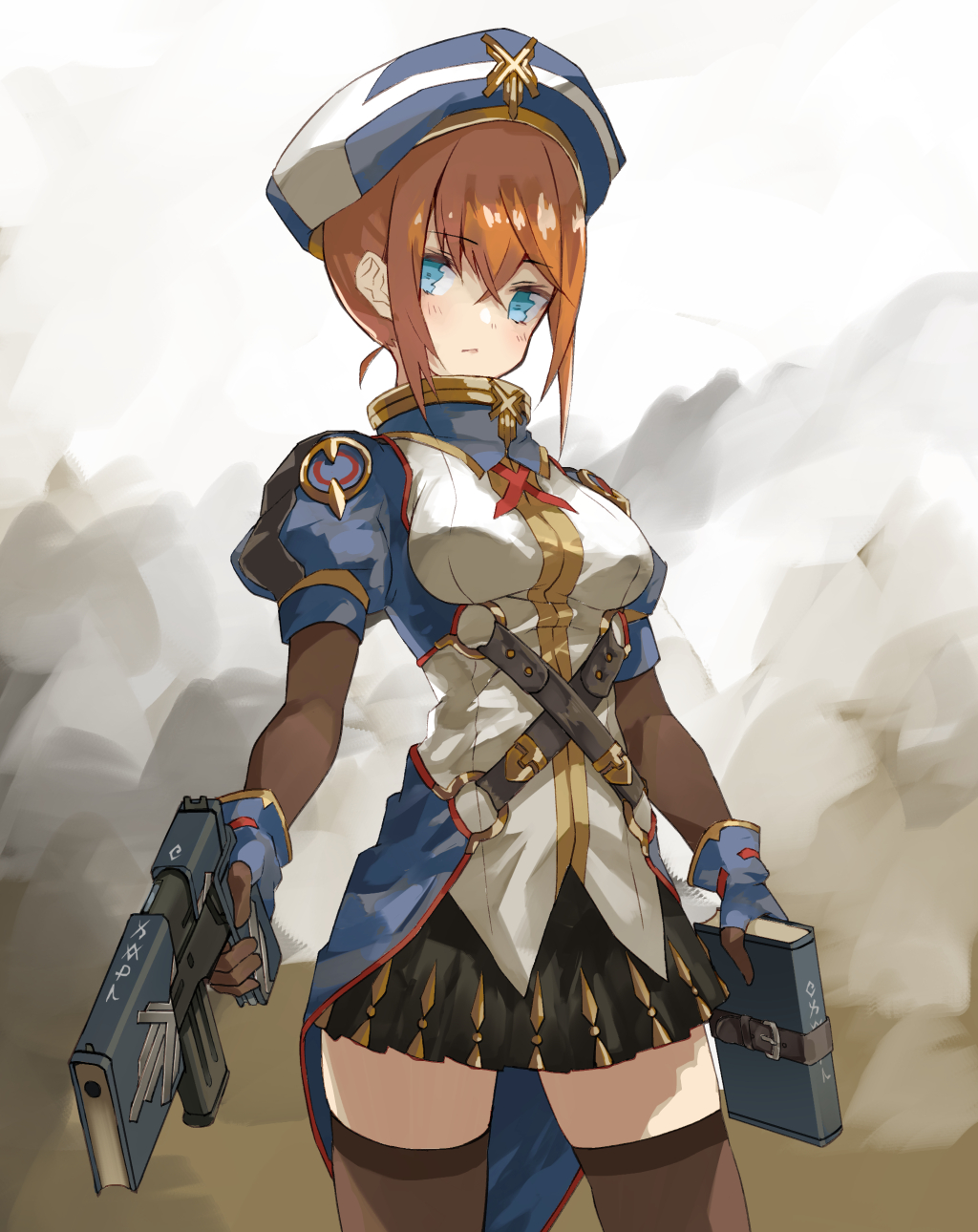 bangs black_skirt blue_eyes blue_gloves blue_hat blush book breasts brown_hair brown_legwear closed_mouth commentary_request cowboy_shot crossed_belts disguised_weapon eyebrows_visible_through_hair gloves gun hair_between_eyes handgun hat highres holding holding_book holding_gun holding_weapon looking_at_viewer machine_pistol medium_breasts nuqura o-ring original puffy_short_sleeves puffy_sleeves shirt short_sleeves sidelocks skirt smoke solo standing thighhighs weapon weapon_request white_shirt