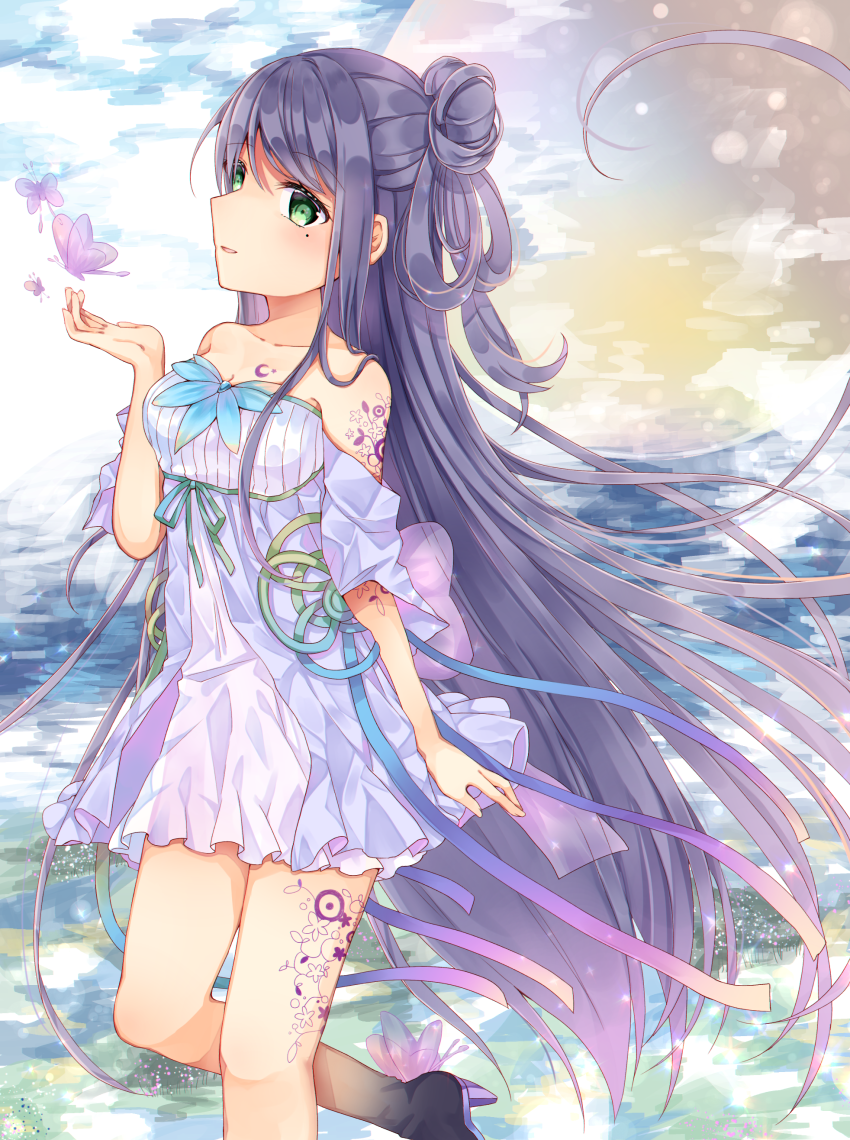 bare_shoulders bug butterfly commentary_request detached_sleeves dress green_eyes hair_bun insect long_hair looking_at_viewer off-shoulder_dress off_shoulder one_side_up original parted_lips purple_hair shikino_(sikinonono) smile solo tattoo