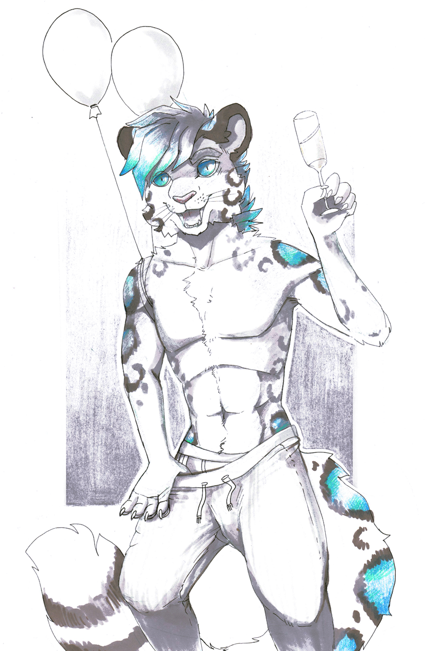 balloon clothed clothing eyebrows feline jeanwoof leopard male mammal navel pants removing_pants snow_leopard standing topless traditional_media_(artwork) underwear victory_(texdot) whiskers