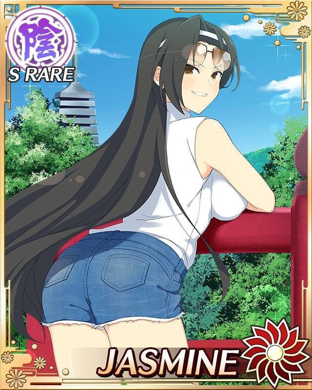bare_shoulders bent_over black_hair blouse blue_sky breasts brown_eyes card_(medium) character_name cloud denim denim_shorts emblem grin hairband jasmine_(senran_kagura) large_breasts leaning_forward leaning_on_object long_hair looking_back official_art outdoors senran_kagura senran_kagura_new_wave shorts sky smile solo source_request sparkle sunglasses thighs tree turtleneck