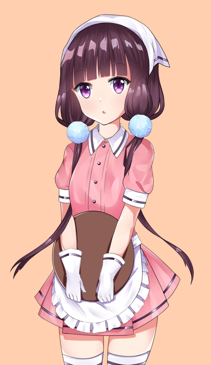 apron bangs beifang_qiji blend_s gloves head_scarf highres long_hair looking_at_viewer low_twintails open_mouth pink_background purple_eyes sakuranomiya_maika short_sleeves skirt solo stile_uniform thighhighs tray twintails very_long_hair waitress white_gloves white_legwear