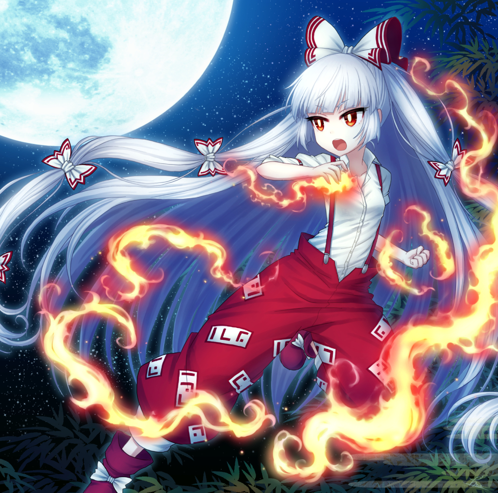 :o album_cover ankle_boots baggy_pants bamboo bangs boots bow clenched_hand collared_shirt cover dress_shirt eyebrows_visible_through_hair feet_out_of_frame fighting_stance fire fujiwara_no_mokou full_moon hair_bow hair_ribbon hime_cut long_hair long_sleeves looking_away miruki moon night night_sky ofuda open_mouth outdoors pants red_eyes red_footwear red_pants ribbon shirt sidelocks silver_hair sky solo star_(sky) starry_sky suspenders touhou tress_ribbon v-shaped_eyebrows very_long_hair white_bow white_shirt