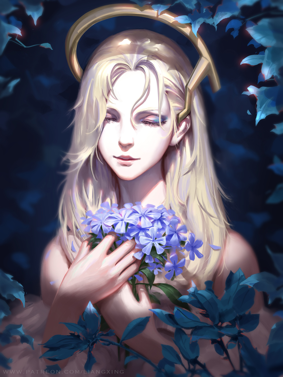 bare_shoulders blonde_hair bouquet close-up closed_eyes closed_mouth commentary english_commentary face facing_viewer flower hair_between_eyes highres holding liang_xing lips long_hair mechanical_halo mercy_(overwatch) off_shoulder overwatch patreon_username smile solo watermark web_address