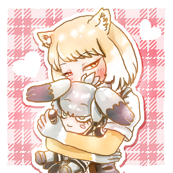 animal_ears bangs blonde_hair blush commentary_request covered_mouth eyebrows_visible_through_hair fox_ears half-closed_eyes heart holding holding_stuffed_toy hug kemono_friends long_sleeves looking_at_viewer multicolored_hair shirt shoebill_(kemono_friends) short_hair short_over_long_sleeves short_sleeves solo stealstitaniums stuffed_toy swept_bangs tibetan_sand_fox_(kemono_friends) tsurime two-tone_hair upper_body white_hair