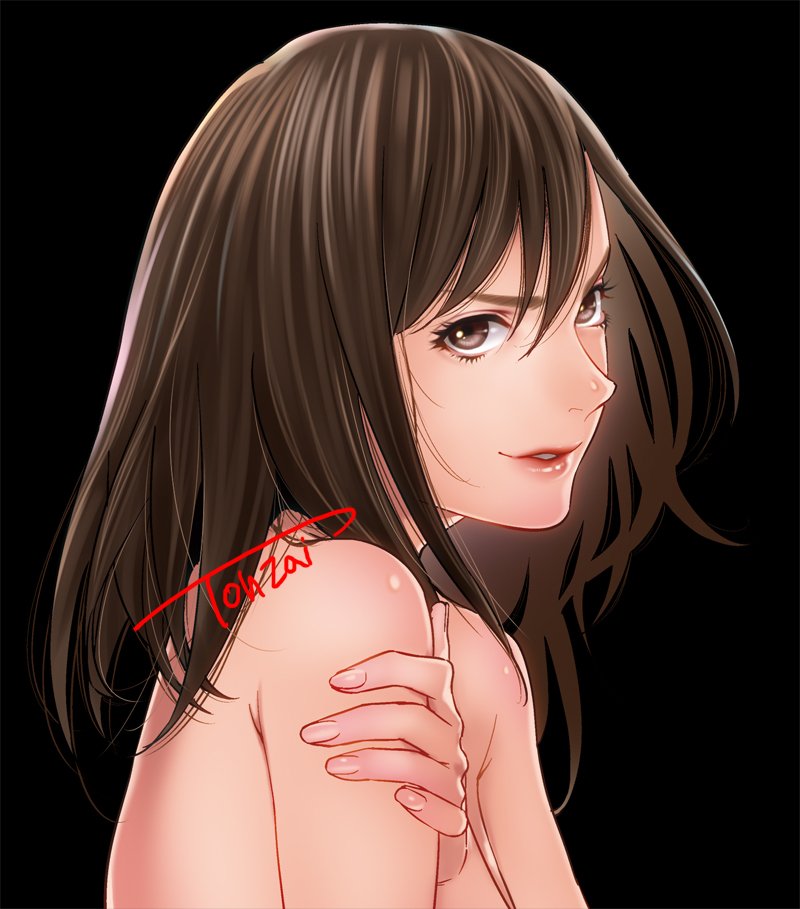 artist_name bangs bare_shoulders black_background breasts brown_eyes brown_hair commentary_request from_side holding_own_arm large_breasts original parted_lips signature topless touzai