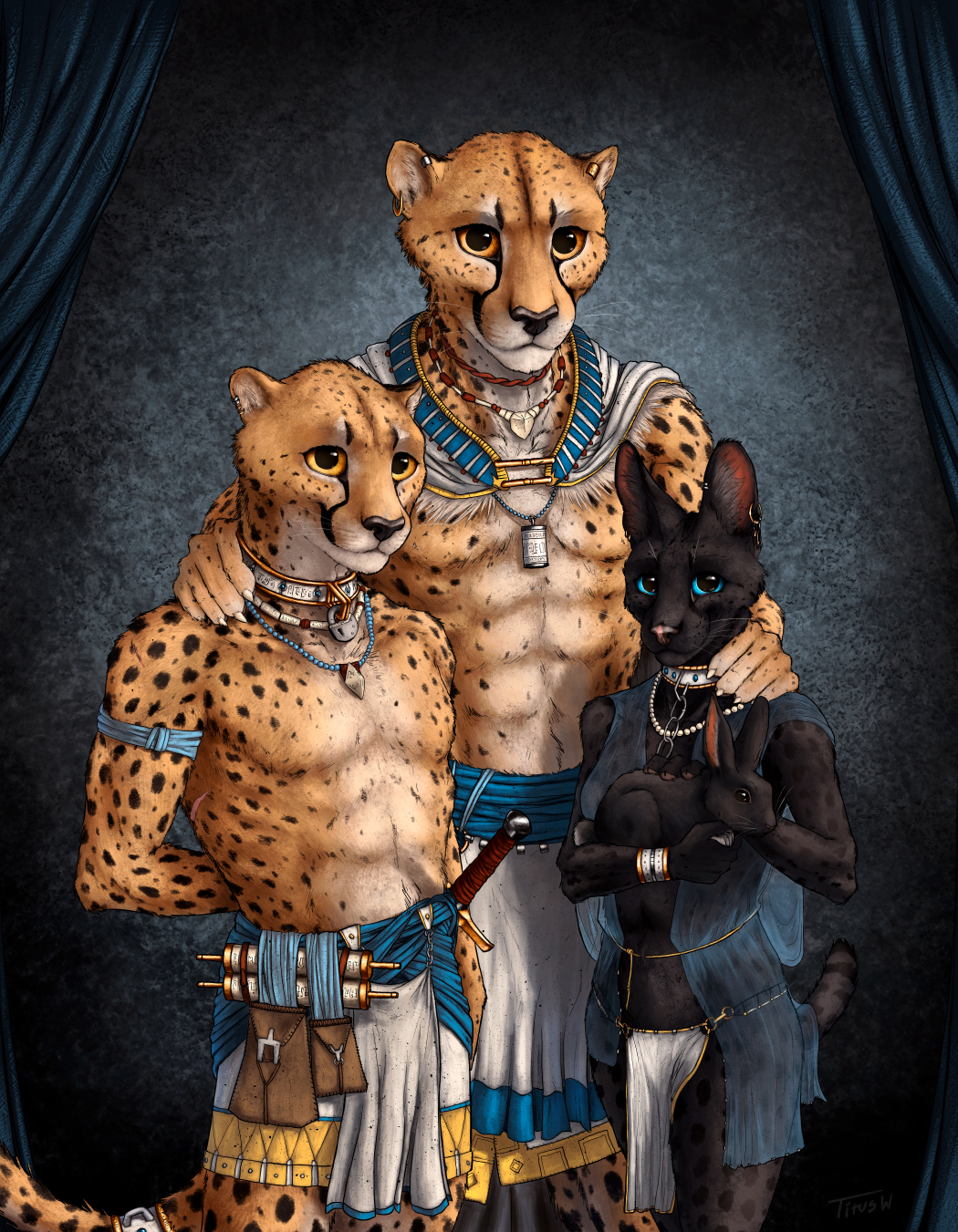 5_fingers abs anthro black_fur cheetah clothed clothing ear_piercing feline female fur jewelry lagomorph male mammal necklace piercing rabbit serval simple_background spots spotted_fur titusw yellow_fur