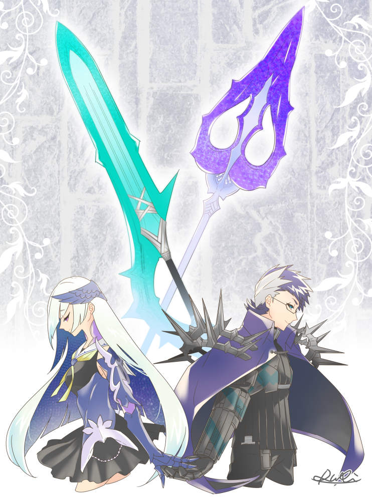 1girl back-to-back black_armor black_gloves black_shirt black_skirt blue_eyes brynhildr_(fate) brynhildr_romantia cape cowboy_shot fate/grand_order fate_(series) glasses gloves grey_background holding_hands lapis429 long_hair multicolored_hair neckerchief polearm profile purple_cape purple_eyes purple_gloves purple_hair sailor_collar shirt signature sigurd_(fate/grand_order) skirt smile spear spikes sword symmetry two-tone_hair weapon white_hair white_sailor_collar yellow_neckwear